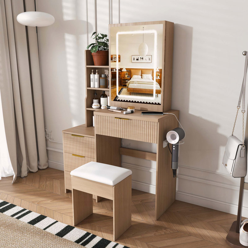 Bureau de coiffeuse moderne avec éclairage DEL, prise de courant et rangement, Noyer