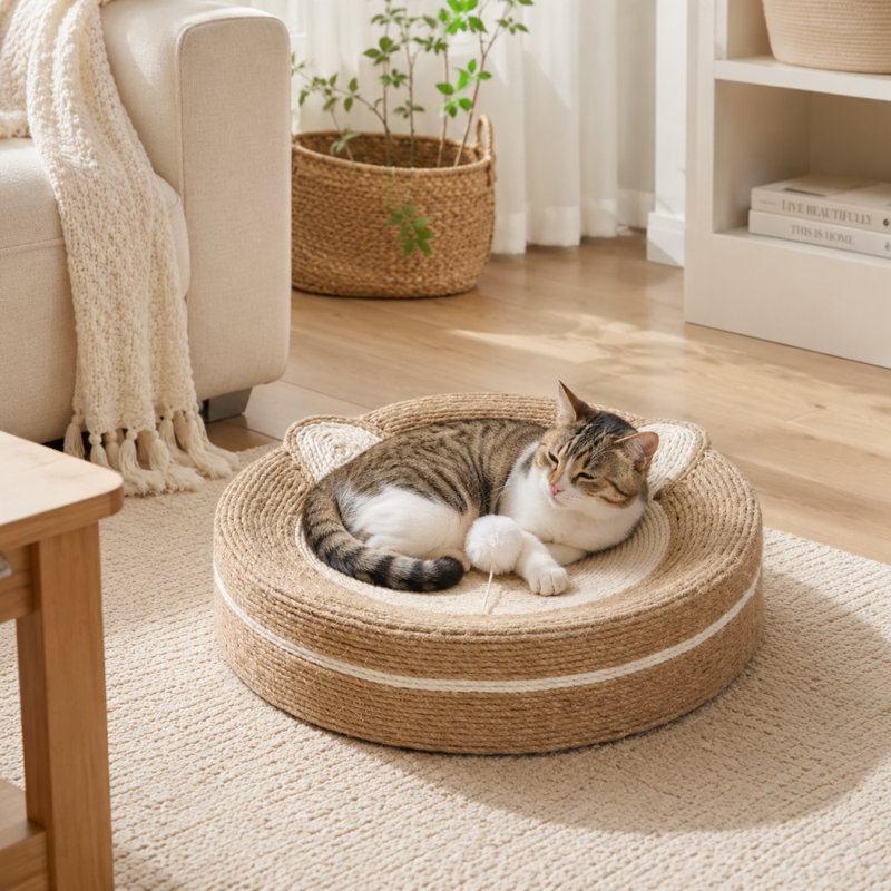 Lit rond en sisal Hawes avec une tête de chat et un nid douillet