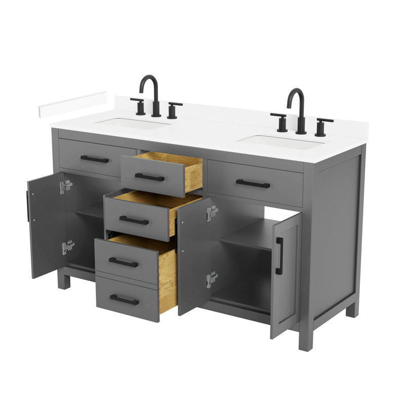 Meuble-lavabo double de 60 po Beckett, gris foncé, comptoir en marbre de culture blanc, lavabos carrés encastrés (3 trous), garniture noir mat