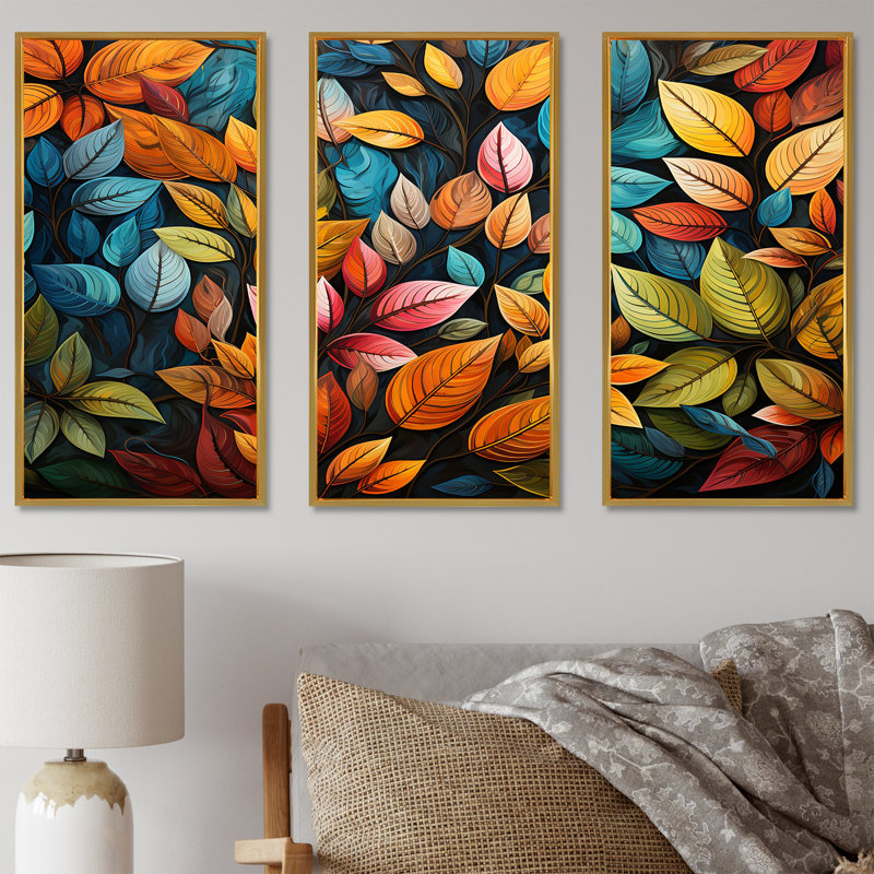 «Abstract Leaves Wilderness Collage I», ensemble d'art sur toile, Cadre flottant doré, H 40 po x l 60 po x P 1 po