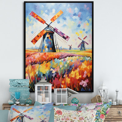 «Colorful Flower Meadow Windmills II - Wind Turbines», art mural