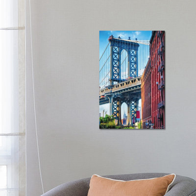 Street View Of The Manhattan Bridge Brooklyn Tower, New York City by George Oze - Wrapped Canvas Print