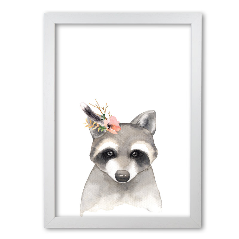 Forest Friends, Floral Cute Raccoon - Painting, 30 cm H x 21 cm W x 5 cm D, White Grain Frame