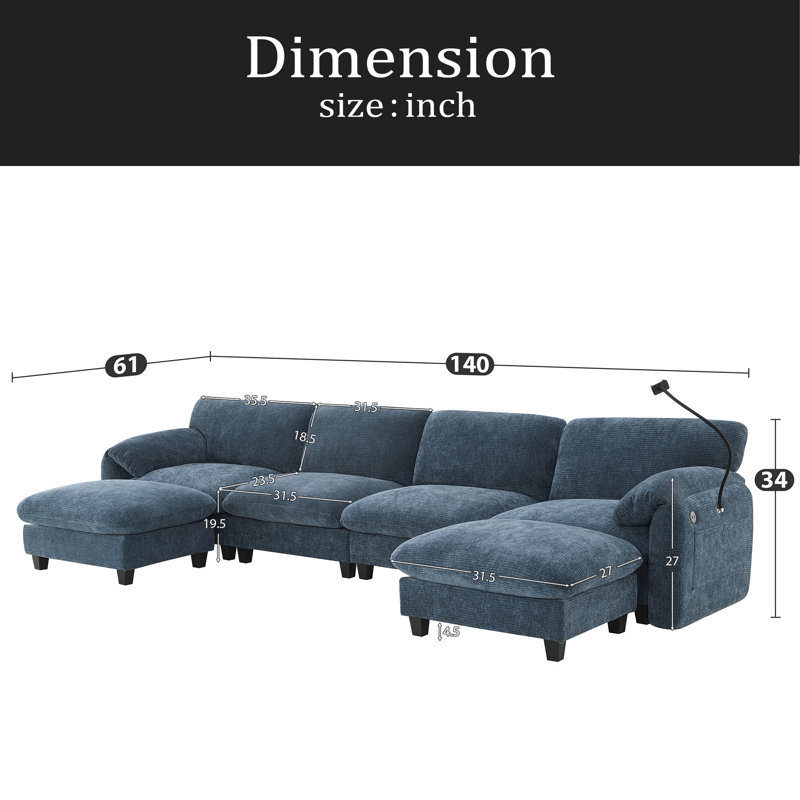 Canapé modulaire modulaire en forme de U avec coussin de siège extra large de 31,5 po, chargeur USB et de type C, support pour téléphone et 2 poches de rangement latérales, repose-pieds à mouvement libre, chenille rayée