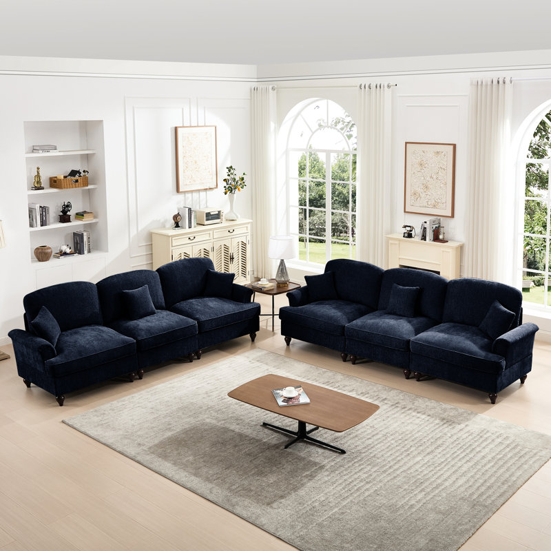 Nuage bleu classique à 3 places avec chenille filetée argentée douce, jupe plissée en forme de pétale évasée, segmentée et volants amovibles, et repose-pieds mobile, choix de style assorti, coussin courbé