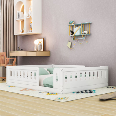Full Size Wood Platform Bed with Semi-Enclosed Guardrail