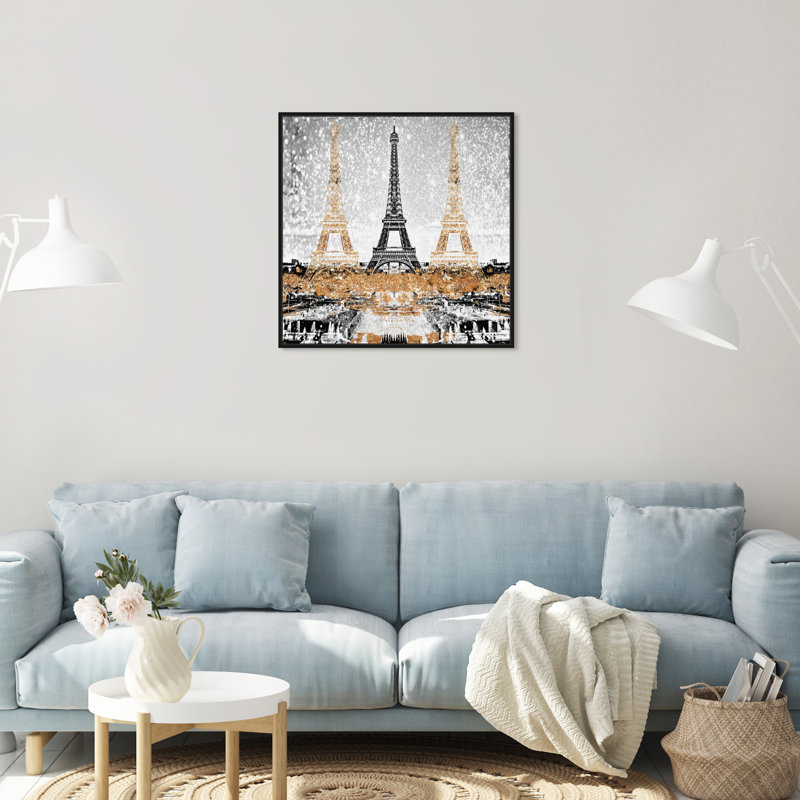 Triple Paris or - Impression sur toile, Cadre noir, H 30 po x l 30 po