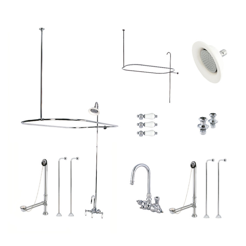 Kingston Brass Vintage Three-Handle 2-Hole Tub Wall Mount Clawfoot Tub Faucet Package with Shower Enclosure, Polished Chrome