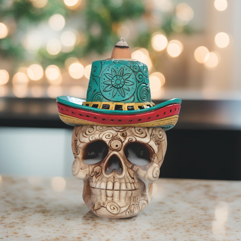 4"H Skull with Green Hat Figurine