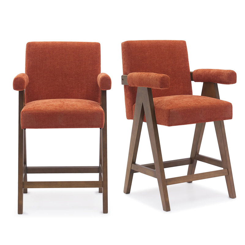 Ensemble de 2 tabourets de comptoir rembourrés en bois de noyer avec accoudoirs 25,5 po Occeus, Terra