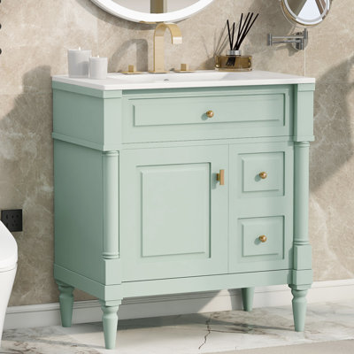 Meuble-lavabo de 30 po avec lavabo - autoportant, tiroir rabattable et tablette réglable, structure en bois d'hévéa massif, panneaux en MDF et poignées en métal, vert - Mobilier de salle de bain
