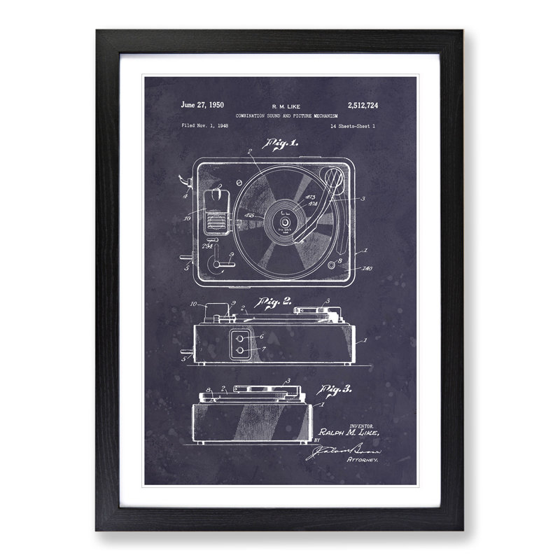 Record Player Patent Dark - Picture Frame Graphic Art, 36cm H x 27cm W x 2cm D, Black Framed