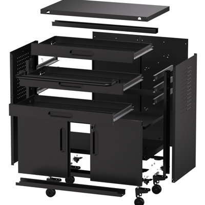34.3" Rolling Metal Storage For Workshop, All - In One Workbench With 3 Drawers, 2 Lockable Compartments, And Perforated Side Panels 35.23 Tall Mobile Tool Cabinet, Black Design Smooth Gliding Doors,