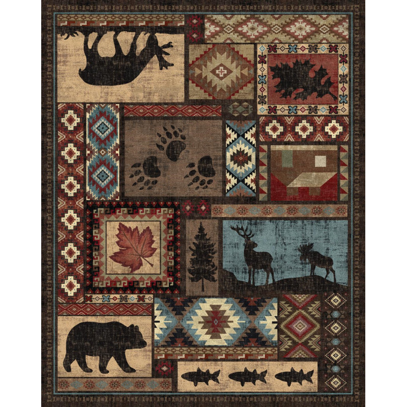Rustic Lodge Cabin Machine Washable Area Rug with Wildlife Motifs, Rectangle 6' x 9'