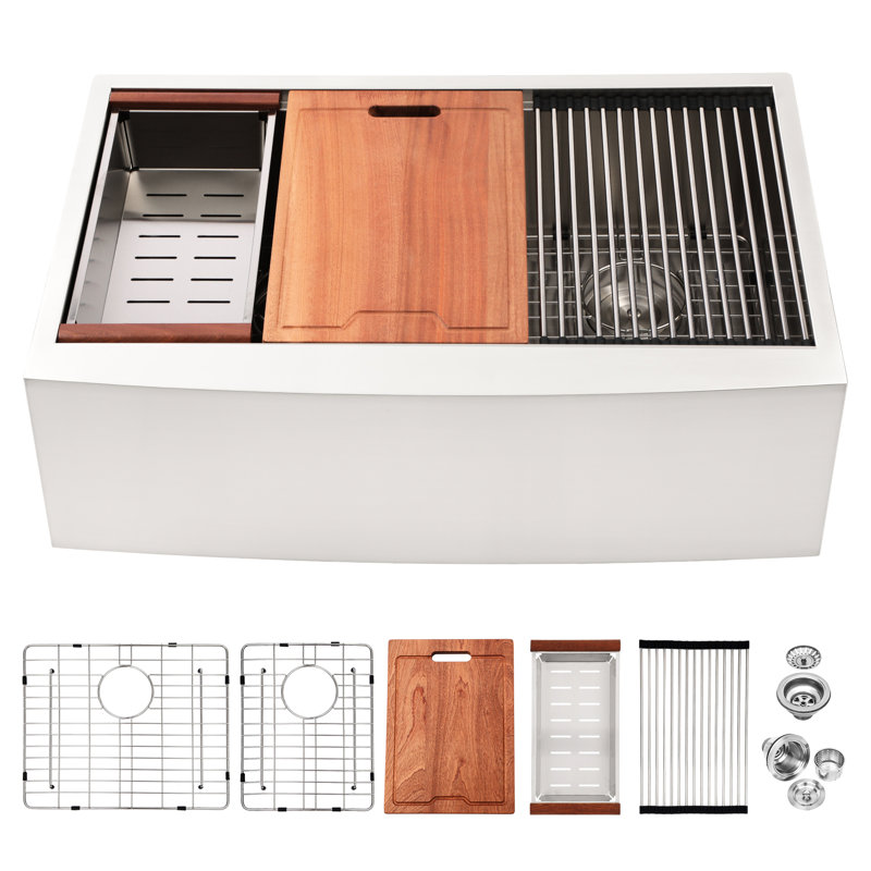 Évier 33 po à double cuve en acier inoxydable 60/40 avec tablier et espace de travail fonctionnel, nickel brossé, station de travail avec outils d'installation de drain, - paquet
