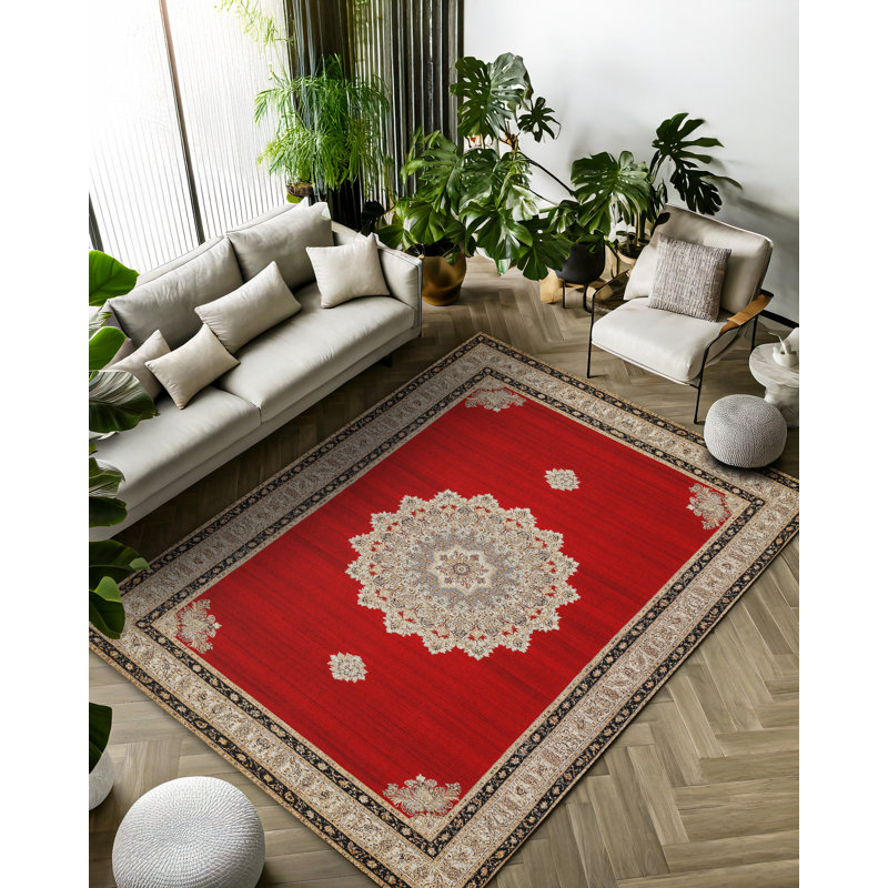 Sadie Collection Digital Print Cotton-Polyester Blend Rug – Red & Cream, Rectangle 6'7" x 7'3"