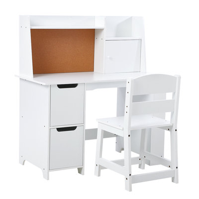 Study Desk and Chair Set with Storage - White Learning Table with Bookshelf and Cabinets