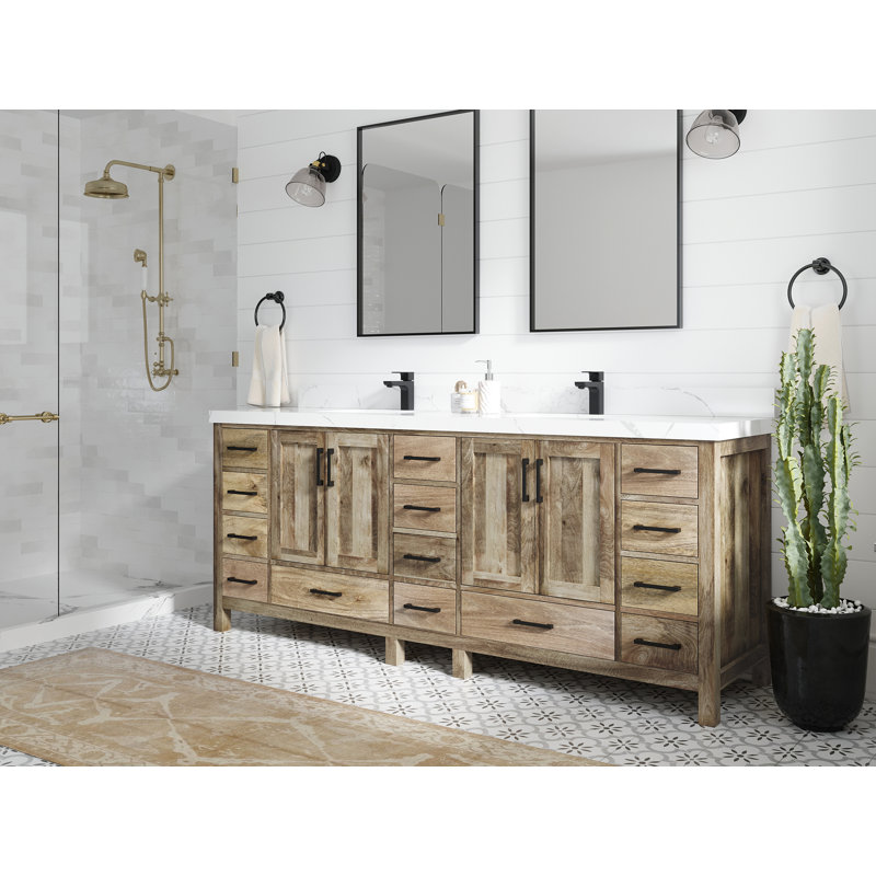 Natural Mango Wood Double Bathroom Vanity with Quartz Top