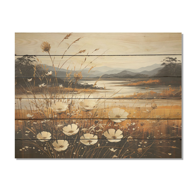 Golden Meadows of Flowers Fields - Art mural en bois sur bois de pin naturel, H 24 po x l 32 po