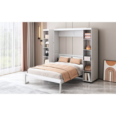 Grand lit, finition blanche, construit avec une capacité de poids élevée, pour le rangement latéral du lit de bureau à domicile, levage hydraulique facile à utiliser, idéal