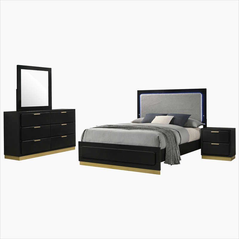 Black 4-piece Eastern King Bedroom Set, 4 Pieces: Bed, Nightstand, Dresser, Mirror, King