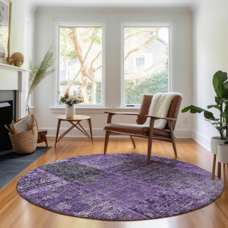 Premium Machine Washable Prisco Eggplant Rug, Round 8'