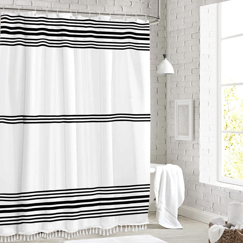 Style bohème moderne pour le décor de la salle de bain Curt Rideau de douche avec pampilles, 72 x 72 ， blanc et noir