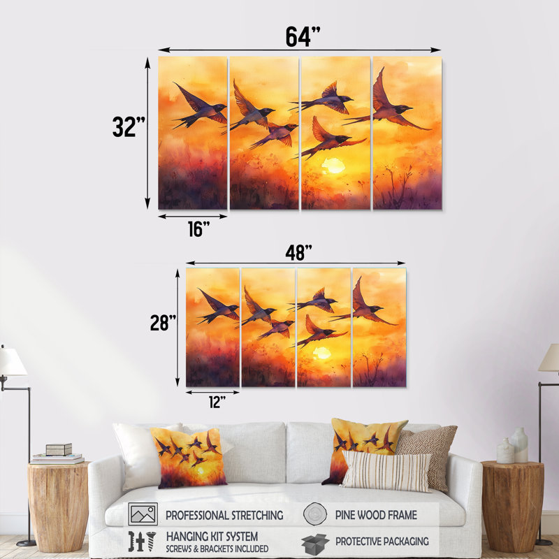 Swallows Birds At Sunset III - Art mural oiseau - art mural moderne pour le salon, H 28 po x l 48 po