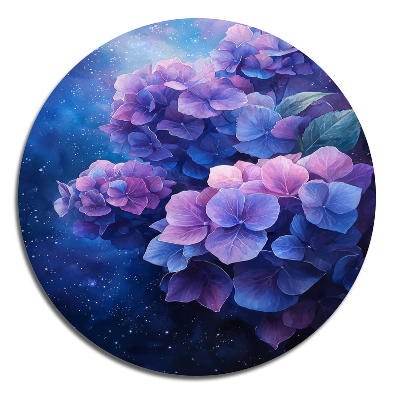 Hortensia dans l'espace - décoration murale traditionnelle en métal mauve, art mural rond en métal hydrangées
