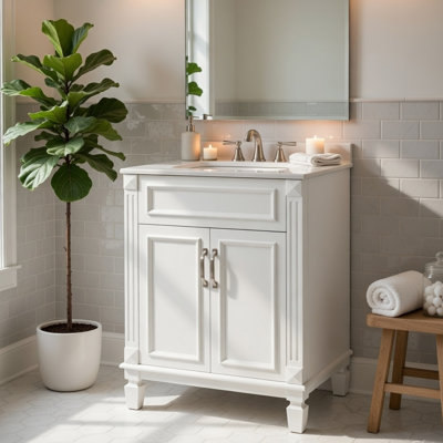 Azra Bathroom Vanity With Ceramic Sink, Soft-Close Doors, White Wood 24 Inch