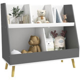 Qaba Toy Storage Organizer, 2 Tier Kids Bookshelf With 5 Compartments, Anti-Tip Device, Pine Wood Legs, For Nursery, Playroom, Classroom, Grey