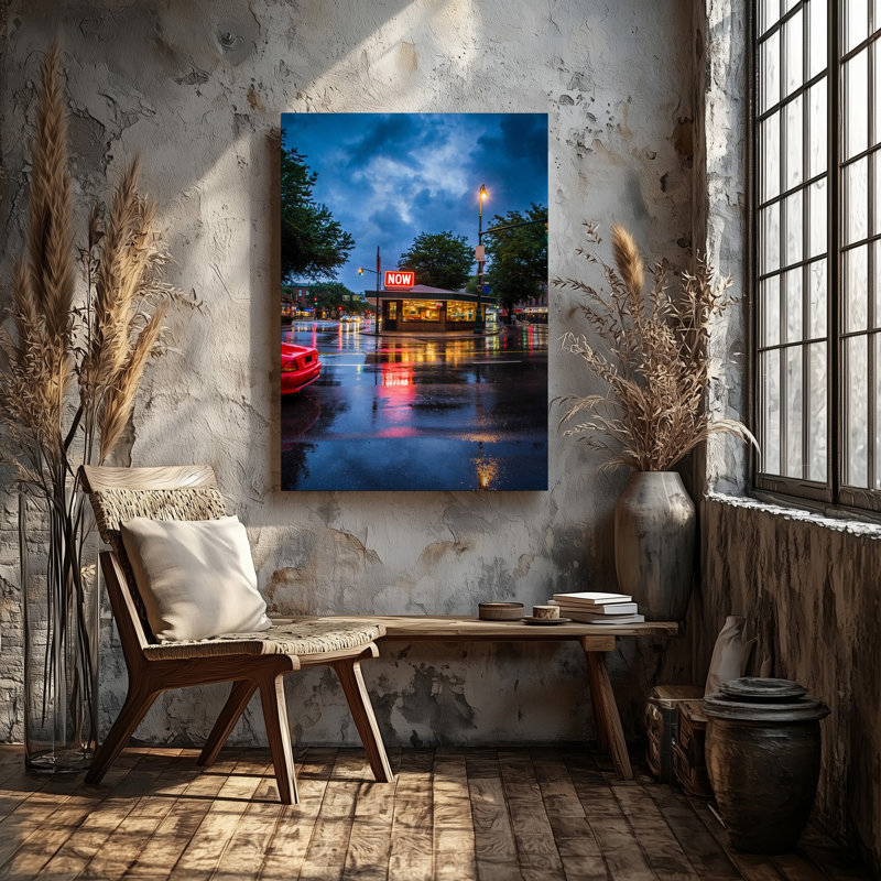 Reproduction d'art sur toile, "Scène urbaine vibrante la nuit" avec un petit dîner avec un panneau rouge brillant