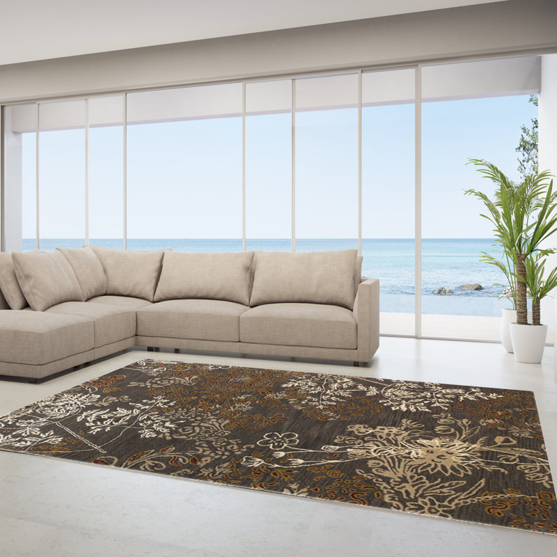Tapis brun touffeté à la main à motif floral en polyester 9 pi x 12 pi Bayah
