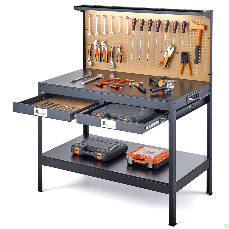 Établi en bois franc, capacité de poids de 242,5 lb, établi robuste de 47,2 po avec panneau perforé, 4 prises CA et 2 ports USB, câble de 4,9 pi et 30 crochets, banc de travail de garage avec tiroir pour atelier
