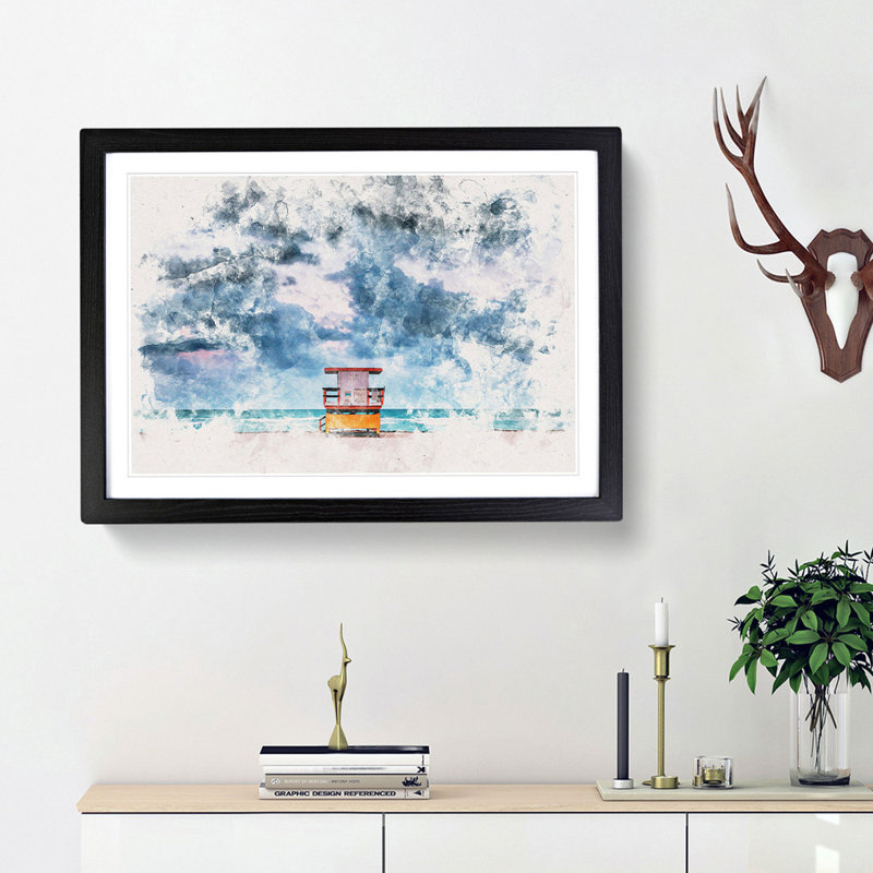 Lifeguard Hut on Miami Beach Florida - Picture Frame Painting Print, Black Framed, 33cm H x 45cm W x 2cm D