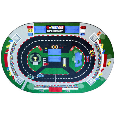 KidCarpet Raceway Rug 6' x 8'6" Oval, Educational Kids Car Rug for Nursery, Classroom, Playroom, Bedroom, Daycare Floor