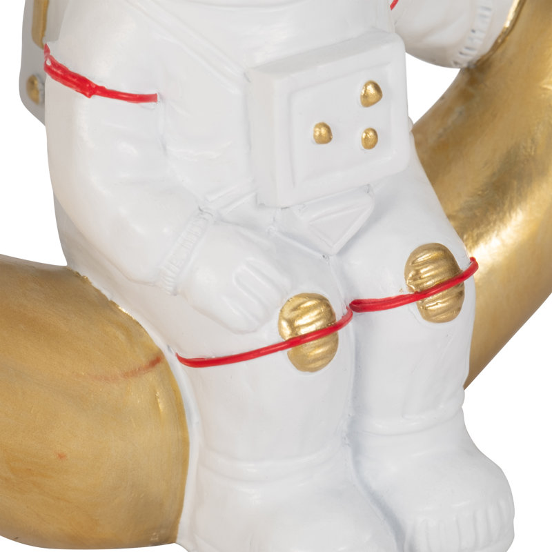 Matteen Astronaut Figurine Resin Polyresin Crescent Moon Design Metallic Red Accents Glam Decor for Home Office Bedroom Living Room Tabletop or Shelf Display - 7" White & Gold