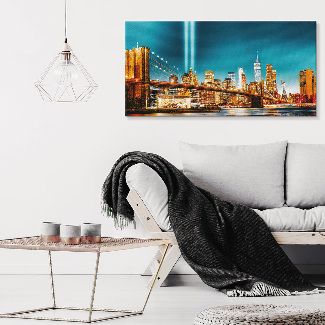 Leinwandbild New York Manhattan Brooklyn Bridge At Night 60X40cm – Premium Leinwanddruck – Kunstdruck Auf 2Cm Holz-Keilr...