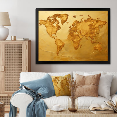 Golden world map Geographies - World Map Framed Canvas Print