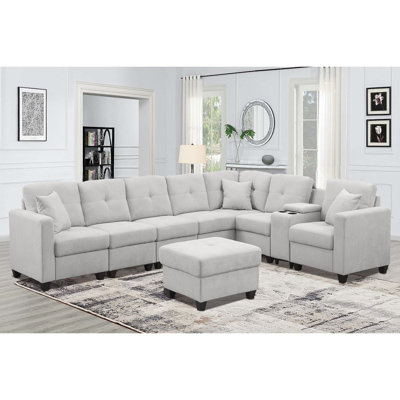 Canapé modulaire à 7 places en gris, microfibre veloutée, conception en peau, deux porte-gobelets et structure en bois massif, tissu en velours doux, coussins à haute densité, utilisation prolongée, supports, support