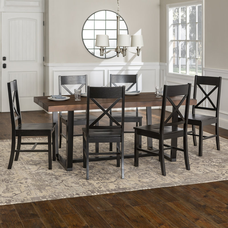 Ensemble de salle à manger 5 pièces en pin, Noyer / noir, 7 pièces : table, 6 chaises