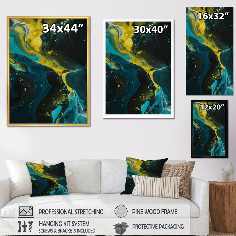 Sarcelle et jaune liquide Dreams I sur toile, H 44 po x l 34 po x P 1,5 po, Toile tendue