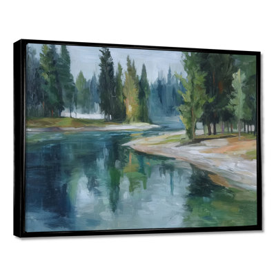 «Pine Trees Fraser River Calming Current - River Large Wall Art, Green Landscape», reproduction d'art sur toile encadrée