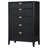 Jack Tall Dresser Chest, 5 Drawers, Gold Tone Metal Handles, Black Wood