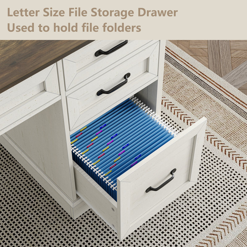 Deanjelo 57" Farmhouse Computer Desk with Outlet and 5 Drawers&Filing Cabinet,Large Storage Cabinet for Home Office