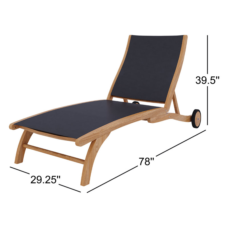 Chaise longue d'extérieur inclinable en teck avec roues arrière Perrin, Noir