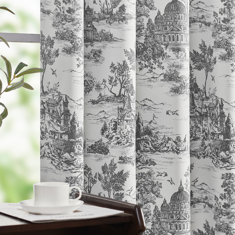 French Printed Castle French Printed Castle Toile Curtains, Gray, 50" W x 96" L