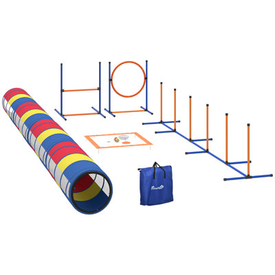 Pet Dog Agility Equipment, Backyard Obstacle Course with Adjustable Hurdle & Ring, 4 Tunnels, Weave Poles