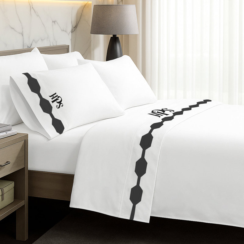 Monogram Hexagonal Applique Border Cotton Sheet Set, Full XL Sheet Set, Yes