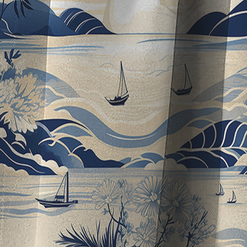 Coastal Landscape Minimal In Blue I - Rideau Boho - Rideau occultant abstrait - 1 panneau, L 52 po x L 120 po